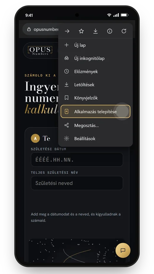 Android · Chrome: A jobb felső ⋮ menüben „Alkalmazás telepítése”.